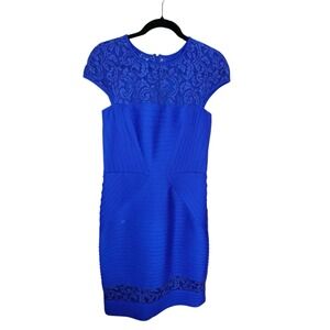 Tadashi Shoji Pintuck Paneled Sheath Cocktail Dress Lapis Blue Cap Sleeve Sz M
